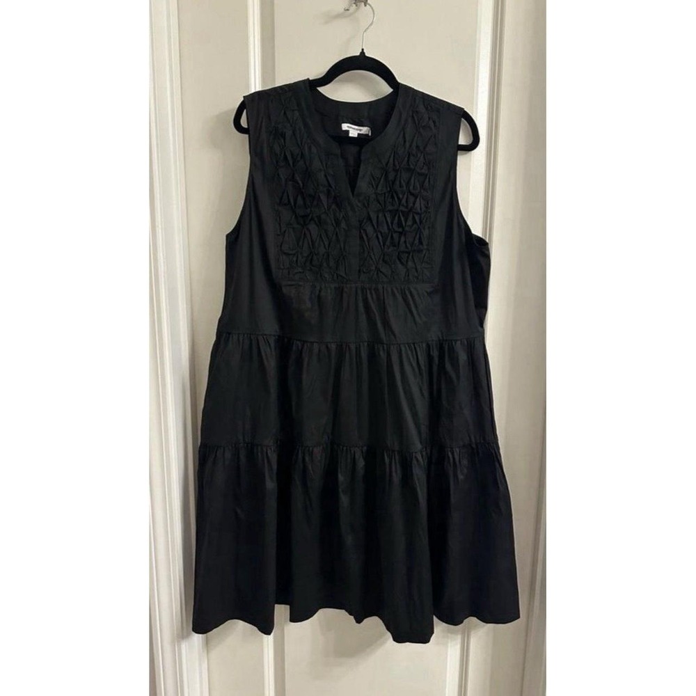 Chicos Poplin Smocked Midi Dress SZ 3 US 16 Sleeveless Split Neck Pocket Black